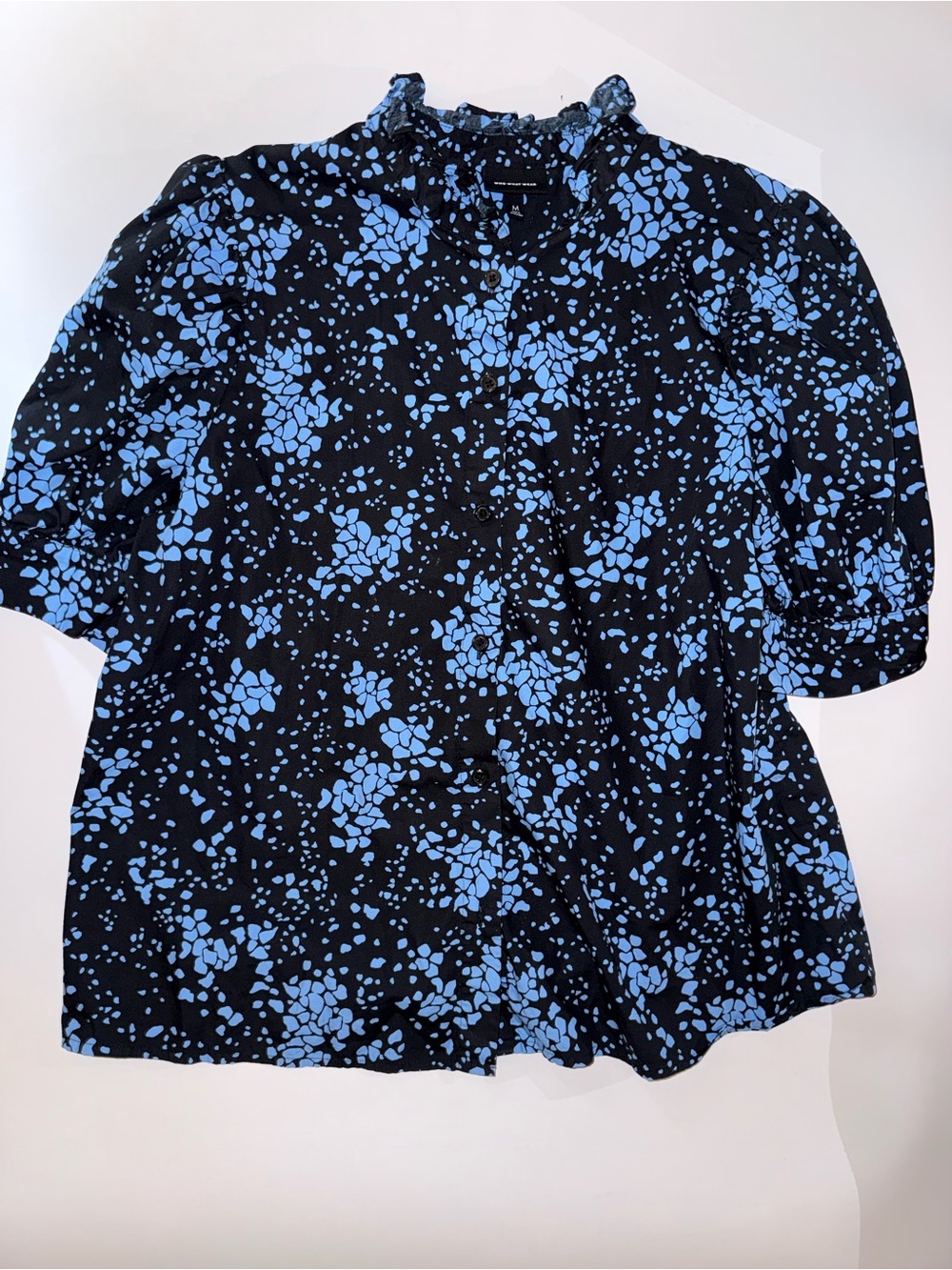 Who What Wear Black Blouse with Blue Floral Ruffle Neck